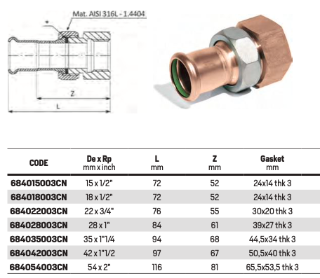 Union straight female connector - CuNi (Copper-Nickel)