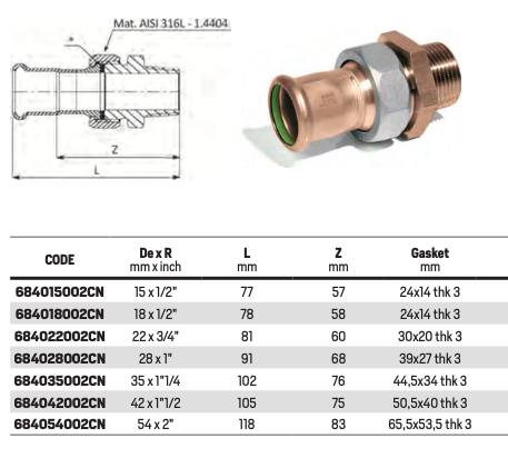 Union straight Male connector - CuNi (Copper-Nickel)